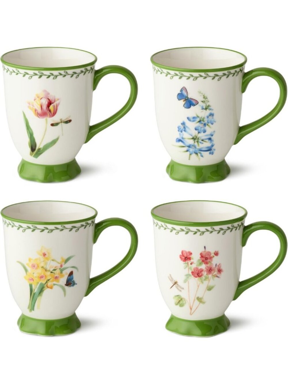 Elegant Floral Footed Mugs Set of 4 - 14 oz Butterfly Design for Coffee & Tea